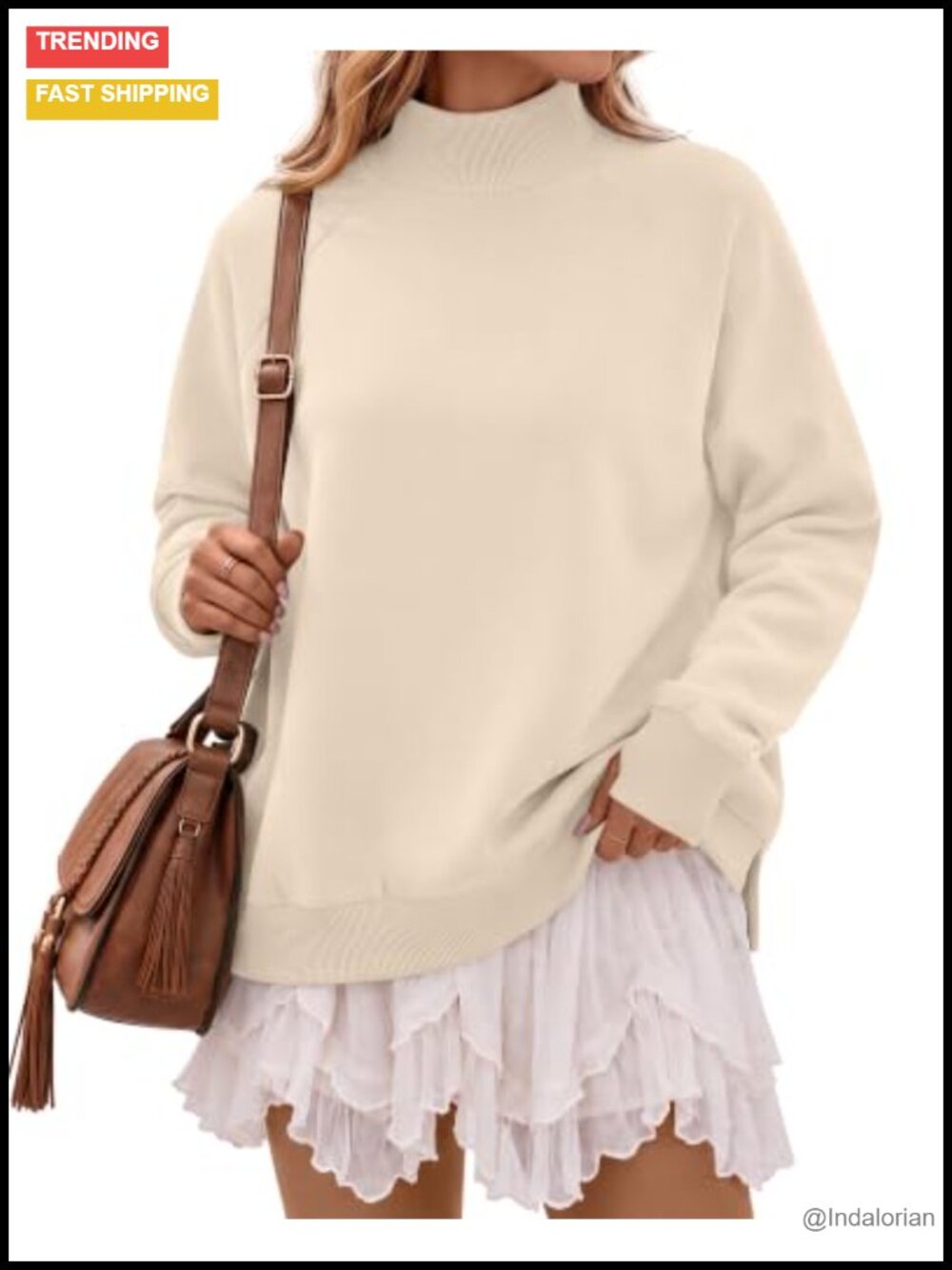 Womens Mock Neck Oversize Sweatshirt Pullover Raglan Thumb Hole Fall